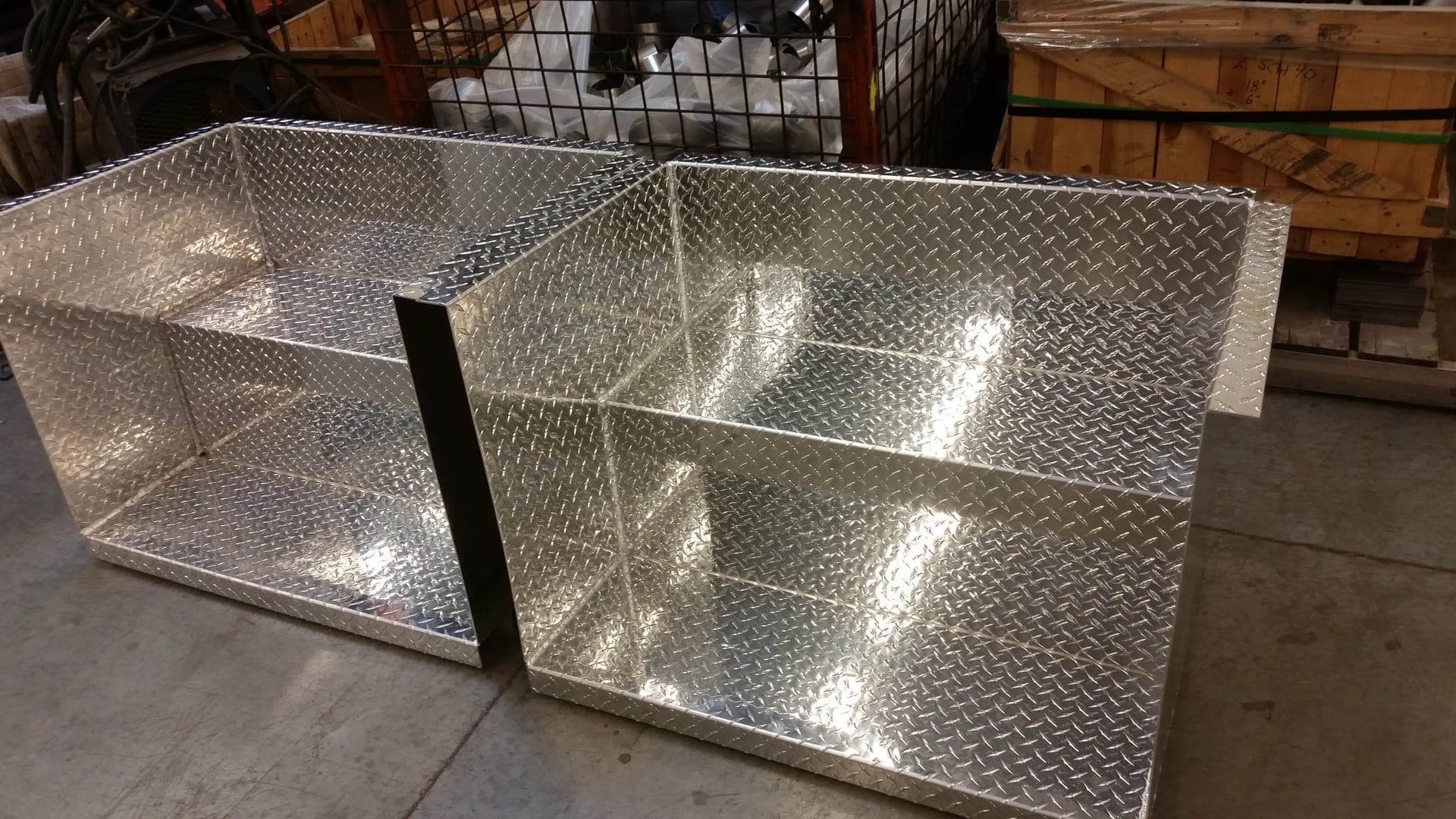 Welded aluminium tread-plate assemblies on the Steward Metal Fabricating shop floor in O'Fallon, Missouri
